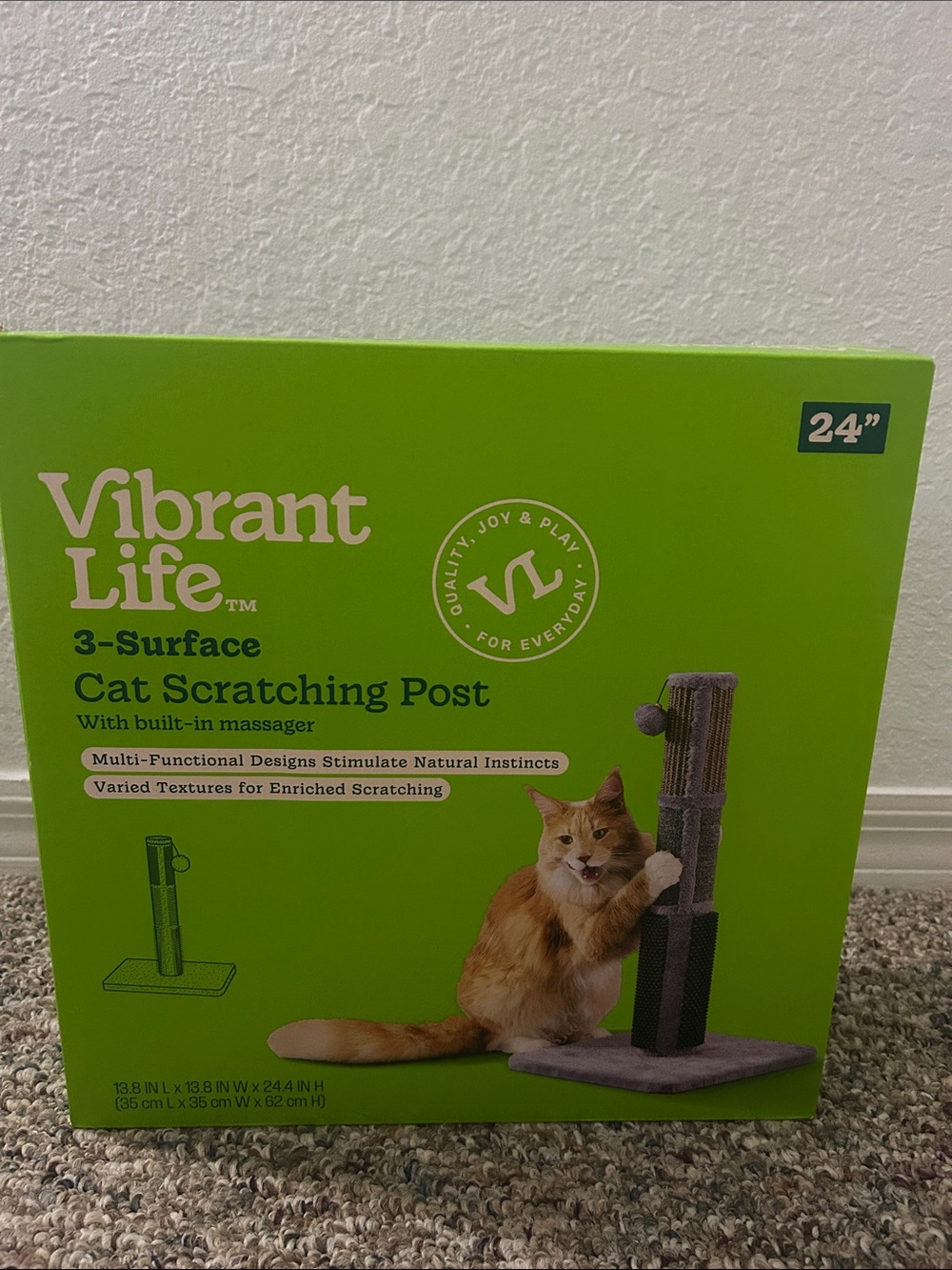 NEW Vibrant Life 24” 3-Surface Cat Scratching Post with Built-In Massager